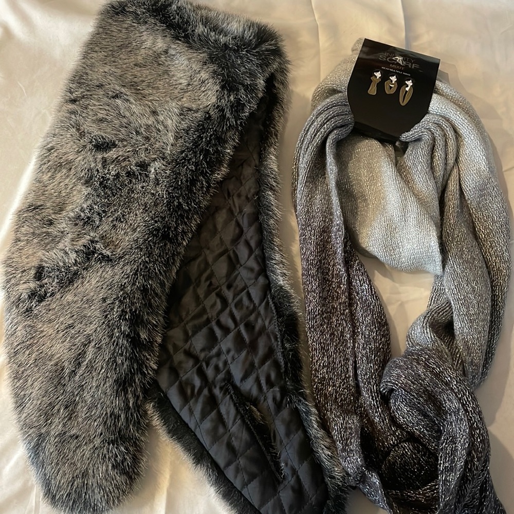 Banana Republic Faux Fur Scarf & an Infinite Scarf Silver & Gray